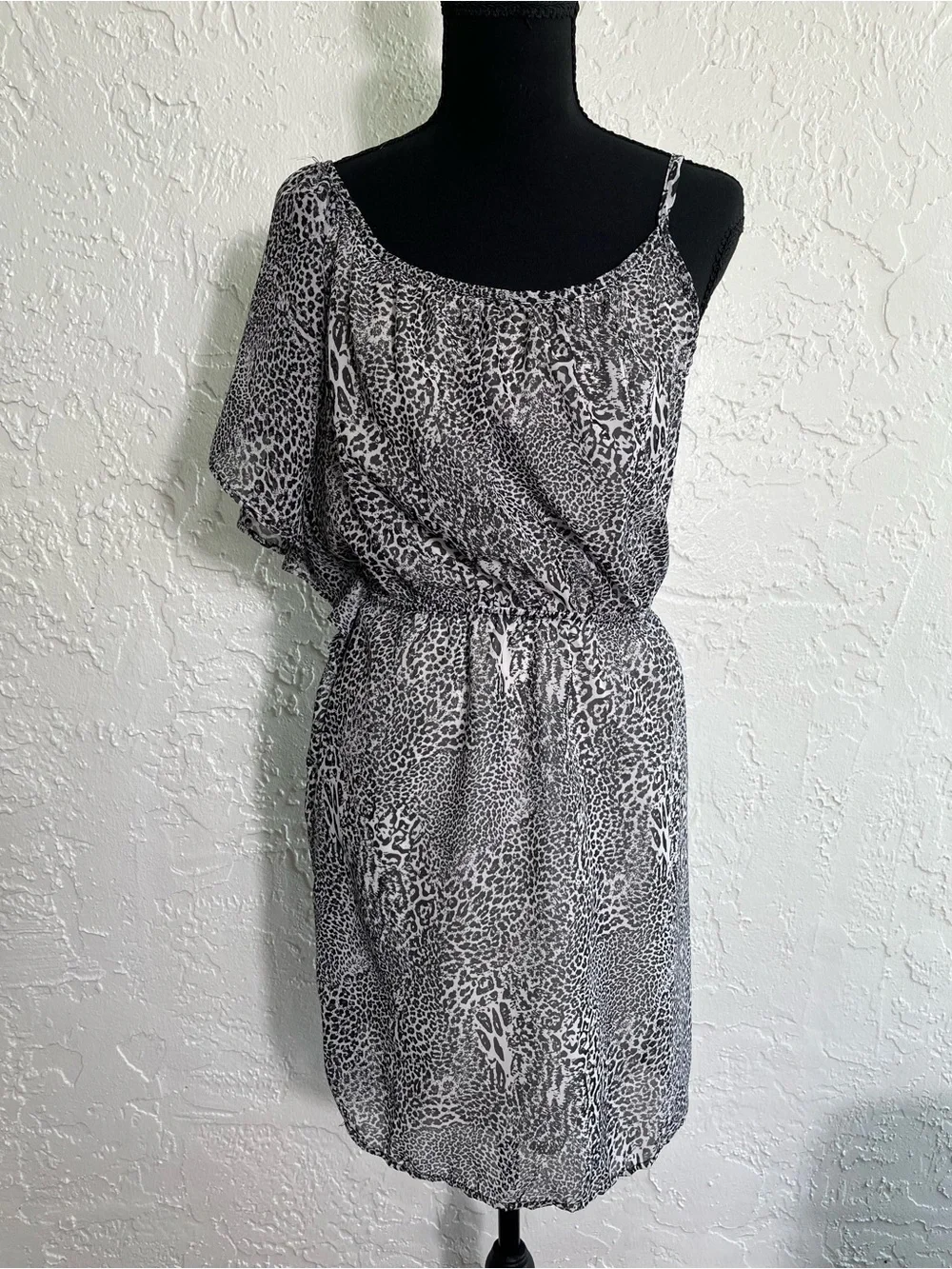 Pink Rose‎ Black White Animal Print One Shoulder Mini Dress